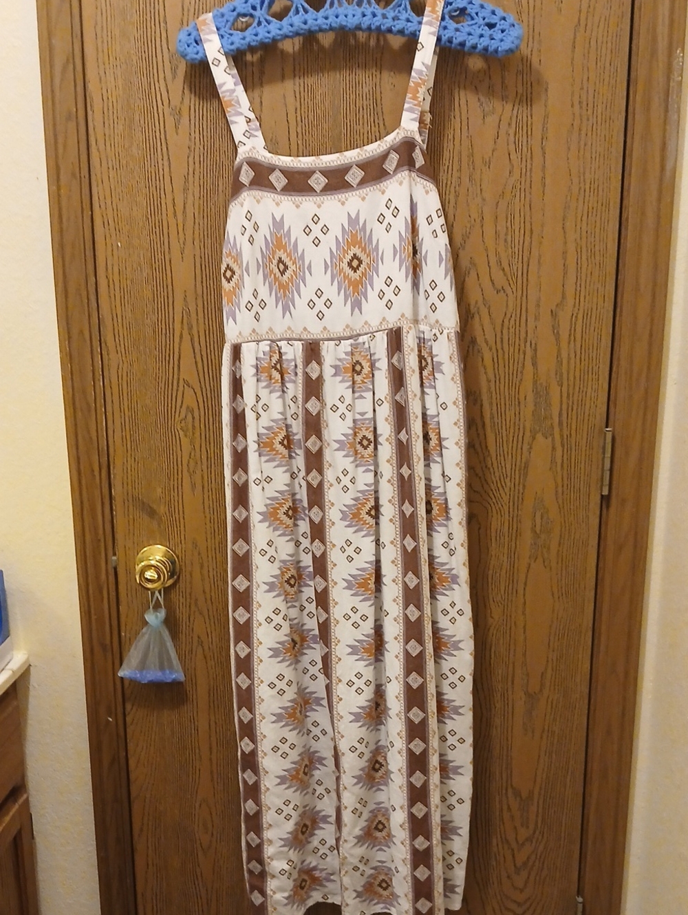 Sonoma Ivory Maxi Dress with Brown and Tan Aztec Motif